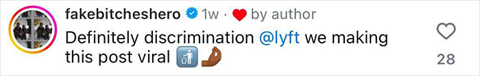 Social media post criticizing Lyft for discrimination with emojis and 28 likes. Social media post criticizing Lyft for discrimination with emojis and 28 likes.