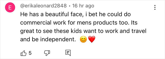Social media comment praising Heidi Klum's son Henry's potential in commercial work and independence. Social media comment praising Heidi Klum's son Henry's potential in commercial work and independence.