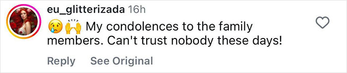 Instagram comment expressing condolences and mistrust; adult star incident reaction. Instagram comment expressing condolences and mistrust; adult star incident reaction.