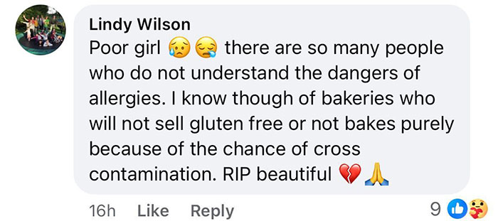 Facebook comment discussing allergy risks, mentioning a girl's tragic milkshake incident. Facebook comment discussing allergy risks, mentioning a girl's tragic milkshake incident.
