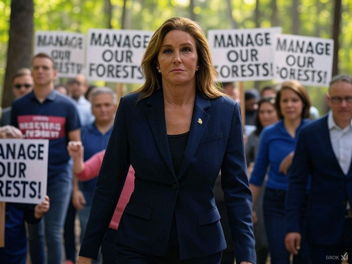 Protester holds "Manage Our Forests" sign highlighting issues related to LA wildfires. Protester holds "Manage Our Forests" sign highlighting issues related to LA wildfires.