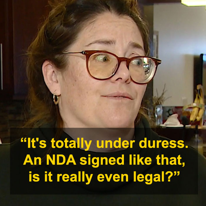 Woman discussing legal concerns at Cancun resort, text questioning NDA legality and duress. Woman discussing legal concerns at Cancun resort, text questioning NDA legality and duress.