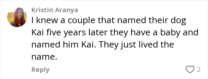 Comment discussing a couple naming their dog and baby the same name, Kai. Comment discussing a couple naming their dog and baby the same name, Kai.