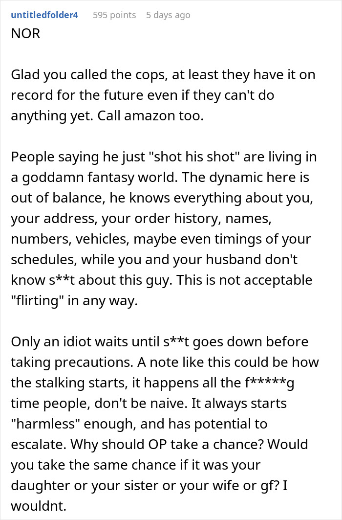 Reddit comment discussing police involvement after receiving a note from an Amazon driver. Reddit comment discussing police involvement after receiving a note from an Amazon driver.