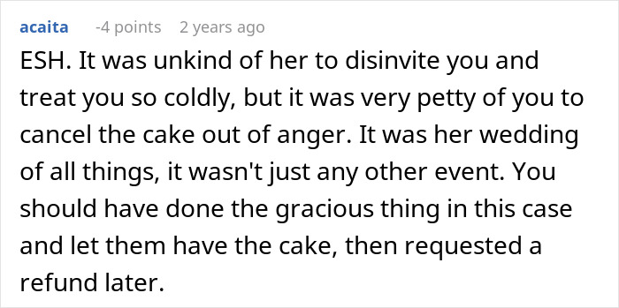Comment discussing a wedding cake cancellation due to a conflict between a bride and her ex-BFF. Comment discussing a wedding cake cancellation due to a conflict between a bride and her ex-BFF.