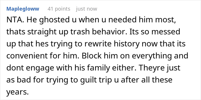 Text comment discussing guilt-tripping by a teen after giving up child for adoption, advising to block and not engage. Text comment discussing guilt-tripping by a teen after giving up child for adoption, advising to block and not engage.