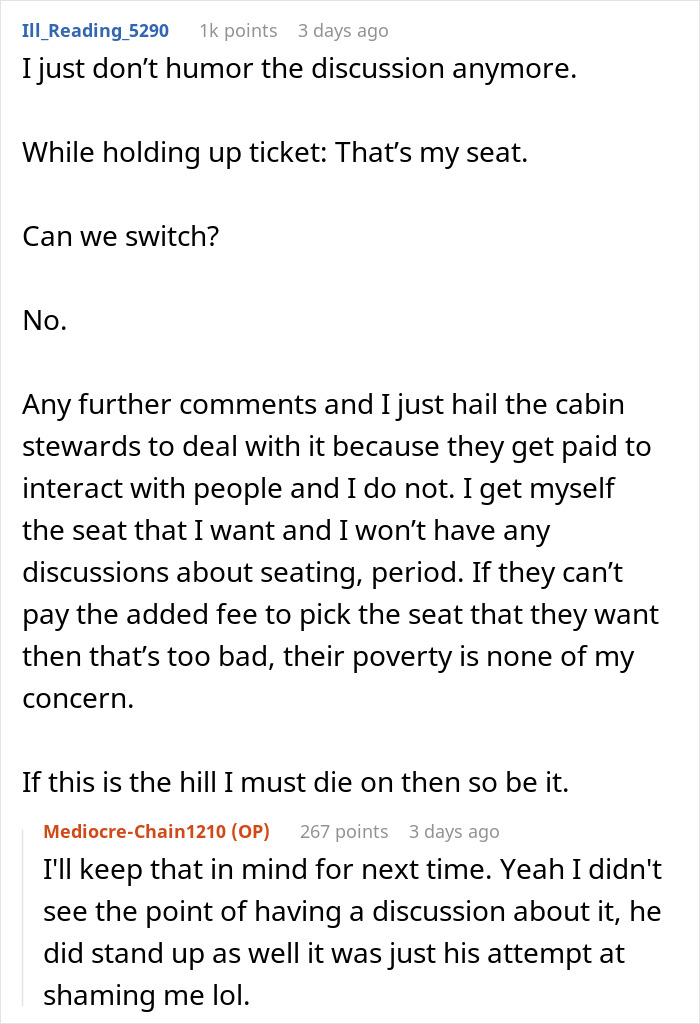 Reddit post about refusing to switch an aisle seat, discussing seating preferences and confrontation. Reddit post about refusing to switch an aisle seat, discussing seating preferences and confrontation.