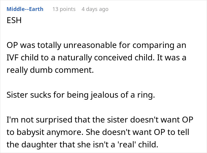 Reddit comment criticizing OP for comparing IVF and naturally conceived children. Reddit comment criticizing OP for comparing IVF and naturally conceived children.