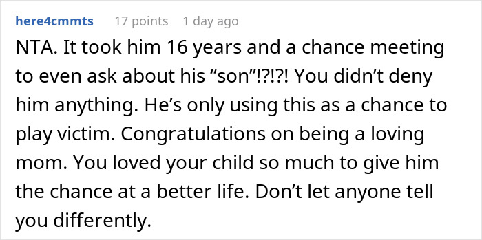 Reddit comment about a teen's reaction to an ex's adoption decision after 16 years. Reddit comment about a teen's reaction to an ex's adoption decision after 16 years.