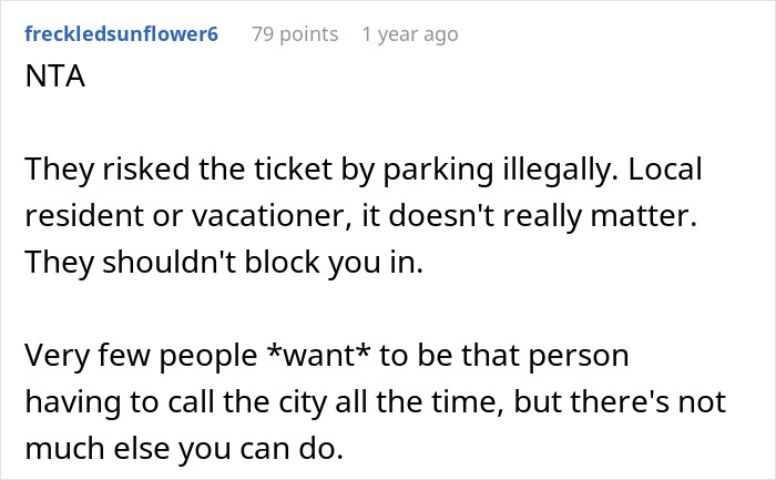 Reddit comment discussing issues with a car blocking a driveway. Reddit comment discussing issues with a car blocking a driveway.