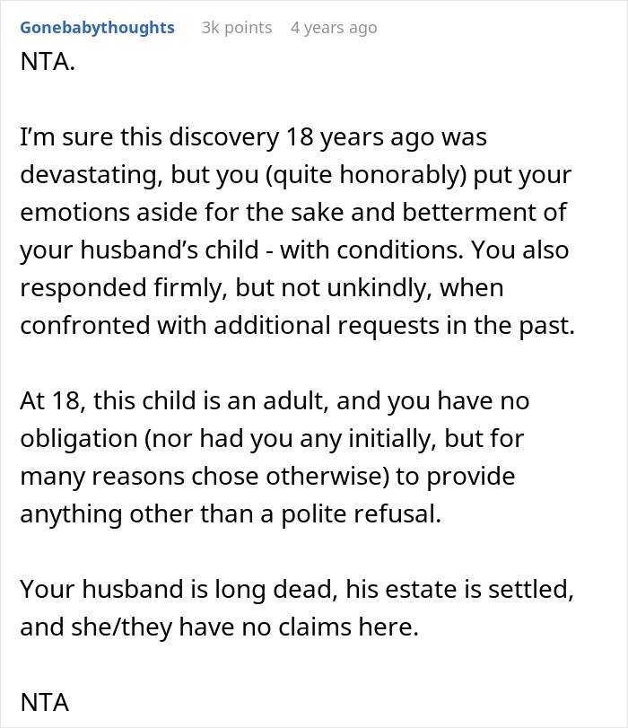 Text discussing a woman's response to not replenishing her husband's affair child's fund after they turn 18. Text discussing a woman's response to not replenishing her husband's affair child's fund after they turn 18.