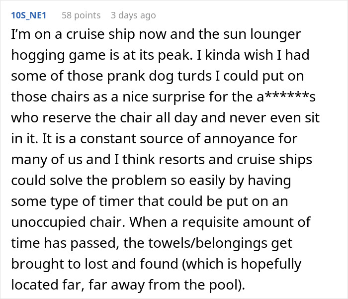 Text about petty revenge on selfish resort guests using sun loungers. Text about petty revenge on selfish resort guests using sun loungers.