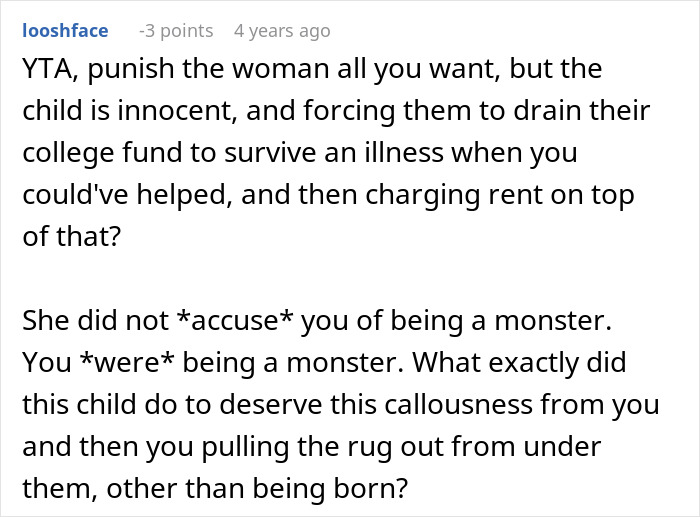 Comment criticizing woman for not helping husband's affair child financially. Comment criticizing woman for not helping husband's affair child financially.