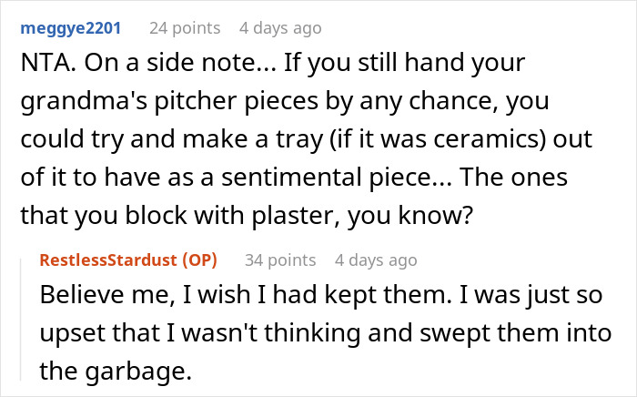 Reddit user replies about a sentimental ceramic tray idea; mentions grandma's pitcher pieces and emotional mistake. Reddit user replies about a sentimental ceramic tray idea; mentions grandma's pitcher pieces and emotional mistake.