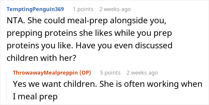 Comment exchange about vegetarian meal prep and work schedules on Reddit. Comment exchange about vegetarian meal prep and work schedules on Reddit.