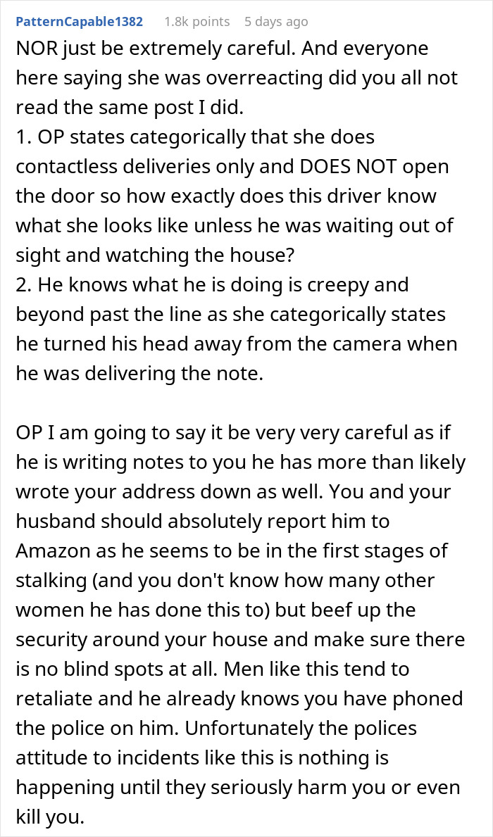 Text exchange discussing concerns about an Amazon driver leaving a note, recommending contacting police. Text exchange discussing concerns about an Amazon driver leaving a note, recommending contacting police.