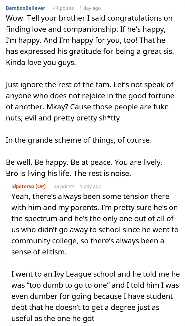 Text exchange discussing family tension due to brother dating someone wealthier. Text exchange discussing family tension due to brother dating someone wealthier.