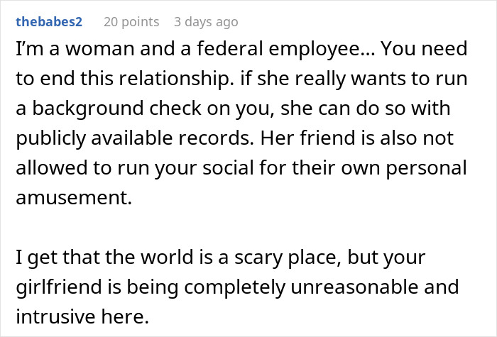 Text comments discussing girlfriend's unreasonable request for boyfriend's social security number for background check. Text comments discussing girlfriend's unreasonable request for boyfriend's social security number for background check.