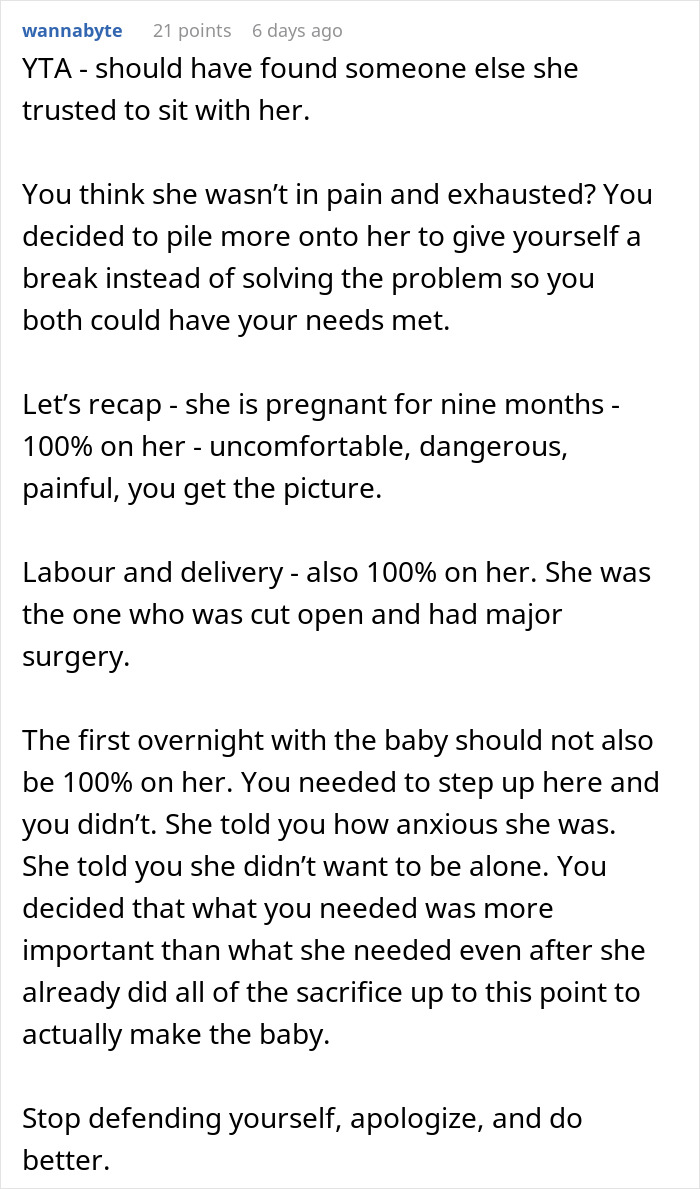 Discussion post criticizing a man for not supporting his wife after her C-section. Discussion post criticizing a man for not supporting his wife after her C-section.