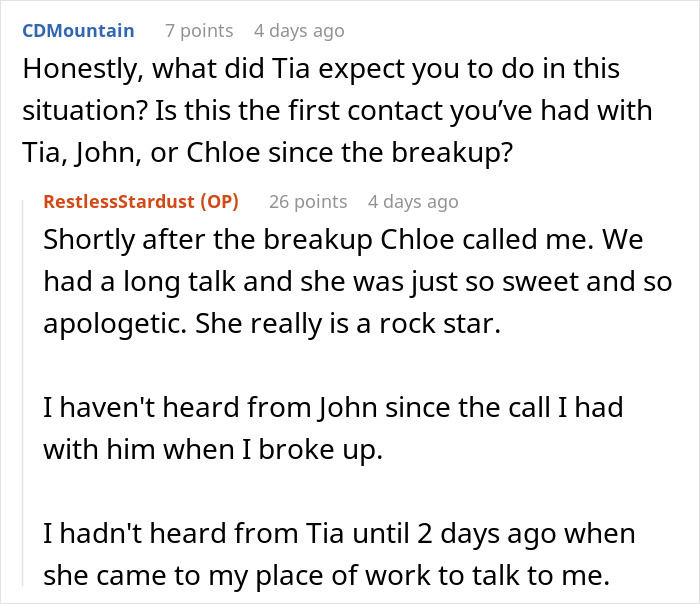 A Reddit conversation about a breakup and contact with people involved. A Reddit conversation about a breakup and contact with people involved.
