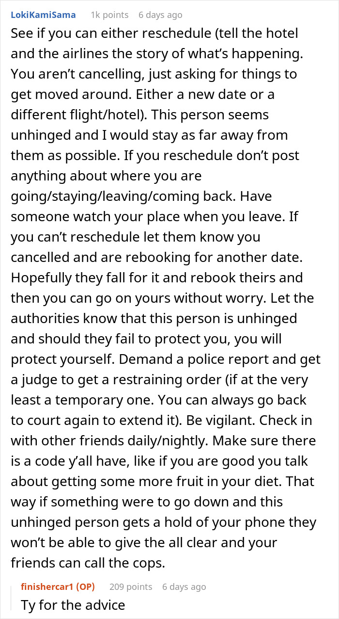 Screenshot of advice on how to handle an unwelcomed presence on a solo trip, mentioning rescheduling and safety measures. Screenshot of advice on how to handle an unwelcomed presence on a solo trip, mentioning rescheduling and safety measures.