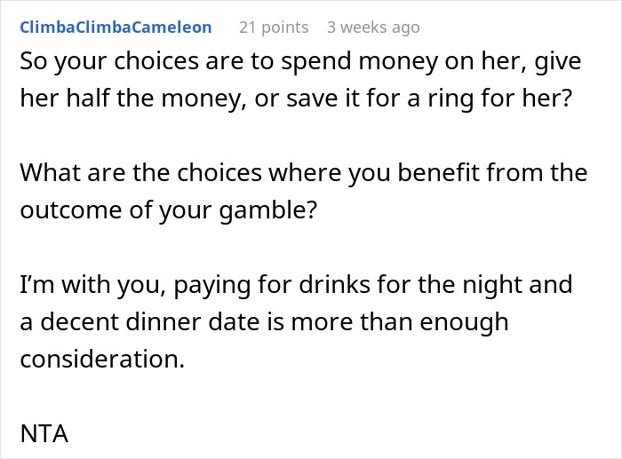 Text comment discussing a decision about splitting raffle winnings with a girlfriend. Text comment discussing a decision about splitting raffle winnings with a girlfriend.
