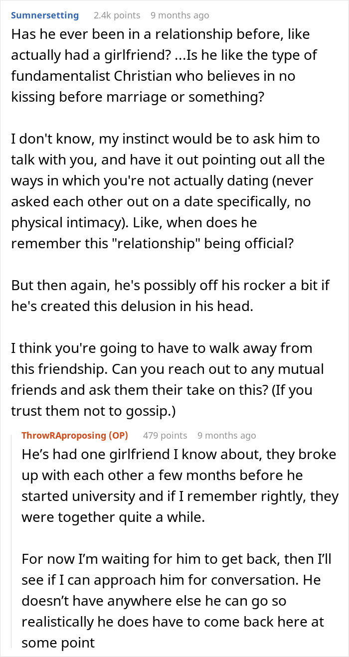 Text exchange about a friend's relationship status and perception of a proposal. Text exchange about a friend's relationship status and perception of a proposal.