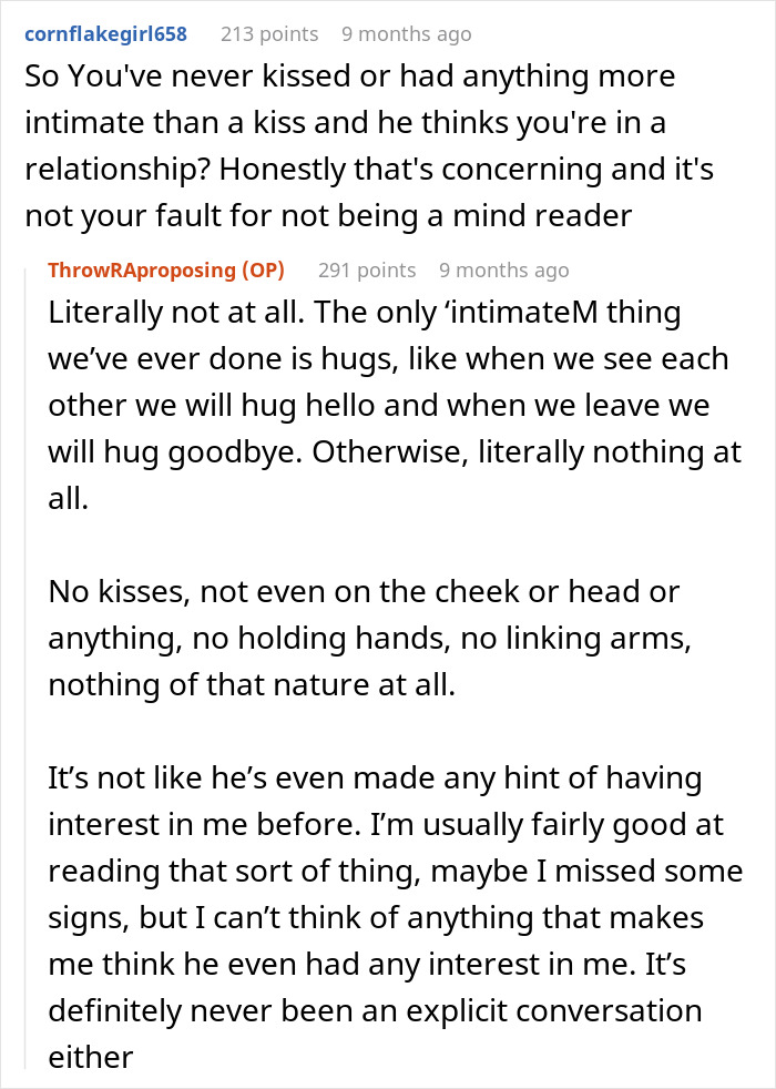 Reddit conversation discussing a lack of intimacy, leading to a surprising proposal rejection. Reddit conversation discussing a lack of intimacy, leading to a surprising proposal rejection.