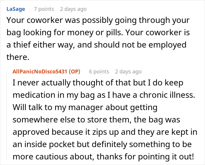 Reddit comments discussing a coworker accused of theft and bag security. Reddit comments discussing a coworker accused of theft and bag security.
