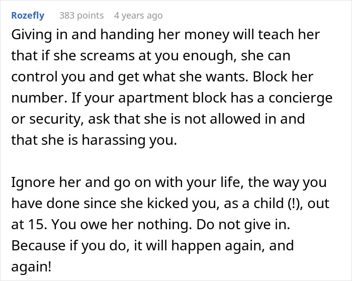 Text advice on dealing with a toxic mom demanding inheritance; suggests ignoring and blocking her to prevent harassment. Text advice on dealing with a toxic mom demanding inheritance; suggests ignoring and blocking her to prevent harassment.