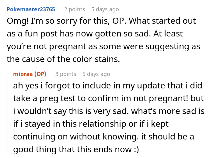 Online user comments about stains in woman’s home potentially linked to a mistress, confirming suspicions. Online user comments about stains in woman’s home potentially linked to a mistress, confirming suspicions.
