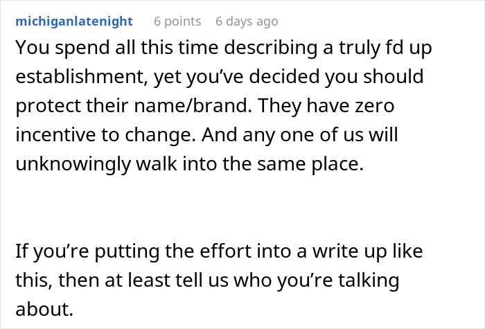Reddit comment criticizing an establishment for not revealing a bar involved in a tipping altercation. Reddit comment criticizing an establishment for not revealing a bar involved in a tipping altercation.