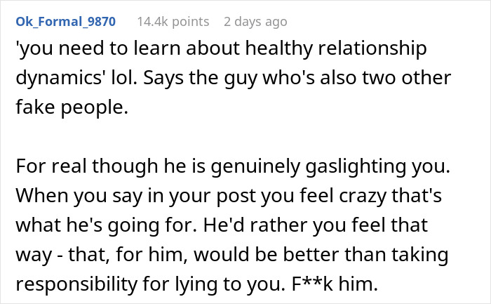 Text commentary on relationship dynamics and gaslighting in a forum thread. Text commentary on relationship dynamics and gaslighting in a forum thread.