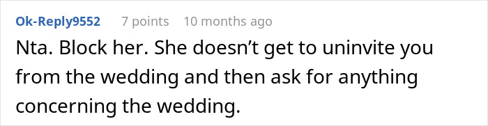 Online comment discussing refusal to pay for a friend's wedding after being uninvited. Online comment discussing refusal to pay for a friend's wedding after being uninvited.