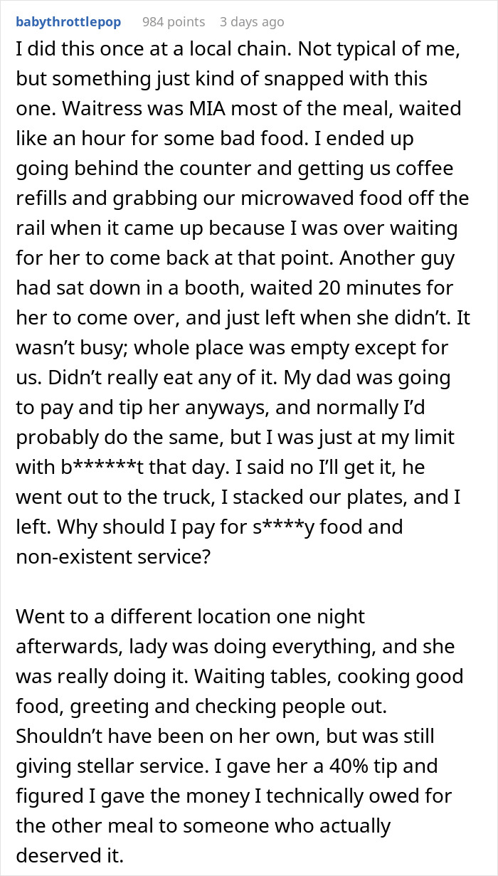 A Reddit user shares a story of choosing to dine and dash due to poor service and long wait times at a local chain. A Reddit user shares a story of choosing to dine and dash due to poor service and long wait times at a local chain.