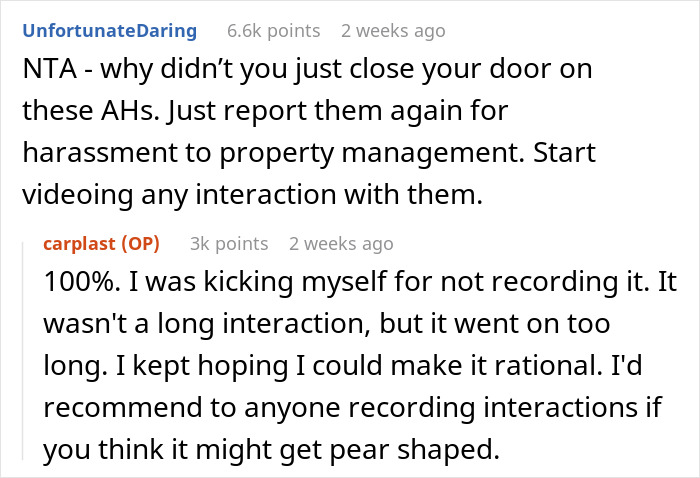 Comment thread discussing neighbors blocking door and reporting them. Comment thread discussing neighbors blocking door and reporting them.