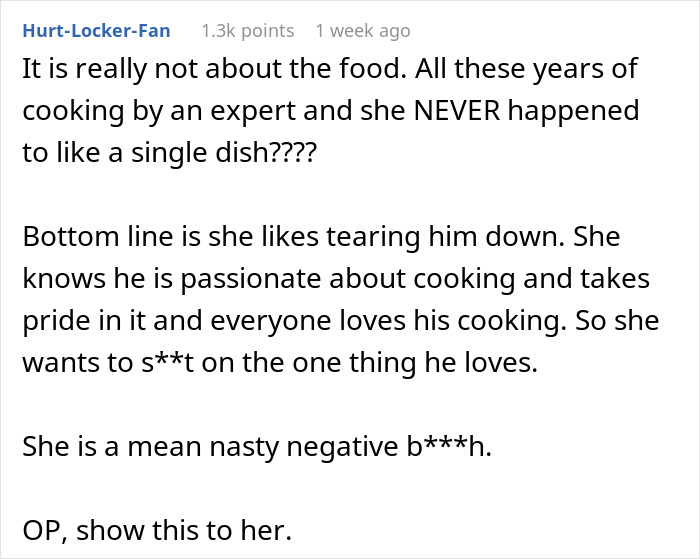 Text comment on husband-wife cooking drama, criticizing a wife's negativity towards her husband's cooking. Text comment on husband-wife cooking drama, criticizing a wife's negativity towards her husband's cooking.