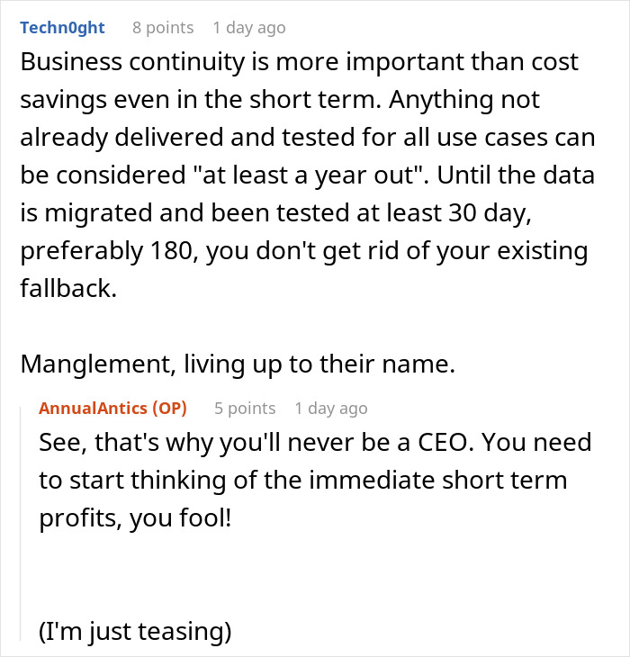 Screenshot of comments discussing management decisions affecting business continuity. Screenshot of comments discussing management decisions affecting business continuity.