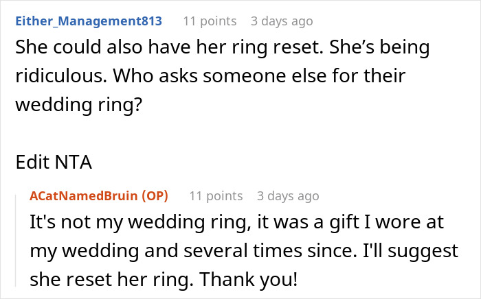 Online discussion about two sisters in conflict over an heirloom ring. Online discussion about two sisters in conflict over an heirloom ring.