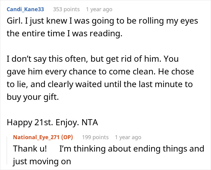 Reddit comment about relationship advice, addressing lying and special birthday perfume. NTA and supportive response.
Reddit comment about relationship advice, addressing lying and special birthday perfume. NTA and supportive response.