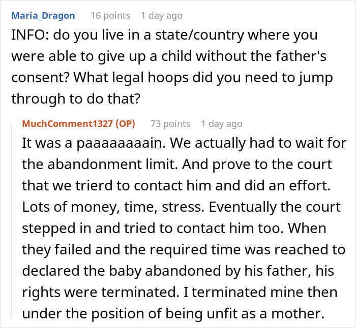 Reddit discussion about legal challenges in giving up a child for adoption without father's consent. Reddit discussion about legal challenges in giving up a child for adoption without father's consent.