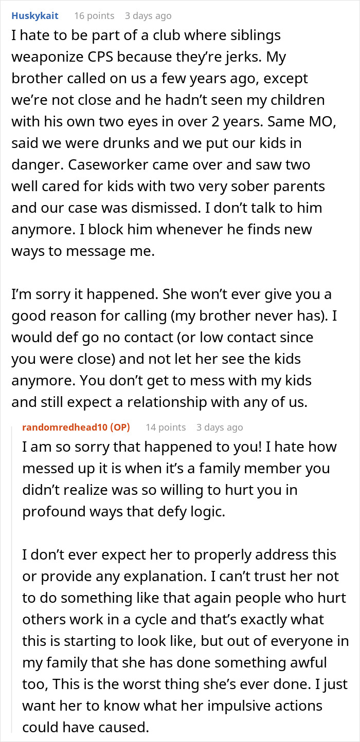 Comments discussing familial betrayal involving CPS, expressing shock and mistrust. Comments discussing familial betrayal involving CPS, expressing shock and mistrust.