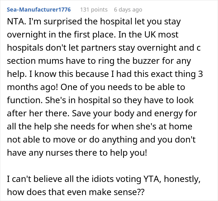 Reddit comment discussing hospital policy about partners staying after a C-section. Reddit comment discussing hospital policy about partners staying after a C-section.