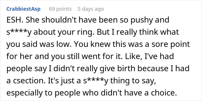 Reddit comment criticizing someone's remarks about a sister's baby. Reddit comment criticizing someone's remarks about a sister's baby.