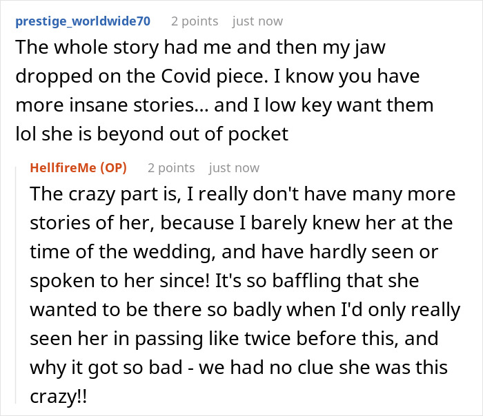Comments discussing a woman's persistence to attend a wedding and unexpected behavior at the rehearsal dinner. Comments discussing a woman's persistence to attend a wedding and unexpected behavior at the rehearsal dinner.