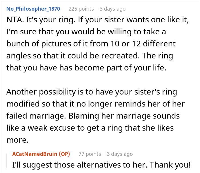 Reddit discussion about a sister refusing to give up an heirloom ring. Reddit discussion about a sister refusing to give up an heirloom ring.