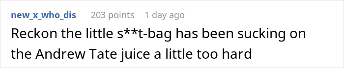 Comment discussing entitled behavior with reference to Andrew Tate. Comment discussing entitled behavior with reference to Andrew Tate.