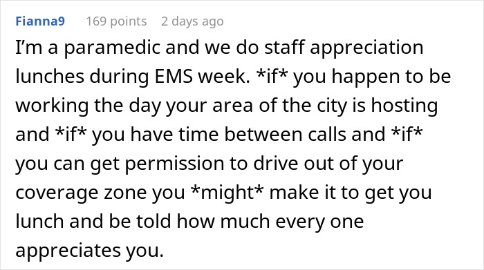 Text from a paramedic discussing challenges in attending appreciation lunches during EMS week. Text from a paramedic discussing challenges in attending appreciation lunches during EMS week.