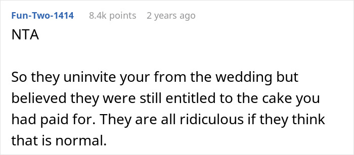 Reddit comment discussing a canceled wedding cake order after uninviting someone. Reddit comment discussing a canceled wedding cake order after uninviting someone.