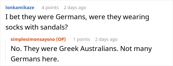 Reddit comments discussing stereotypes about Germans and mentioning Greek Australians at a resort. Reddit comments discussing stereotypes about Germans and mentioning Greek Australians at a resort.